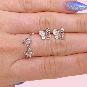 Conjunto Anillo Dos Mariposas y Aros Mariposa de Plata 925